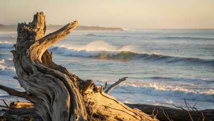 Golden Hour Beach Driftwood: Time-Lapse Portrait Photography Print
