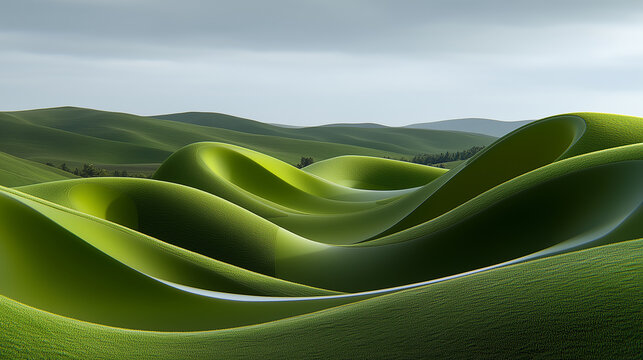Green rolling hills with fresh grass under clear sky. Natural eco spring background.