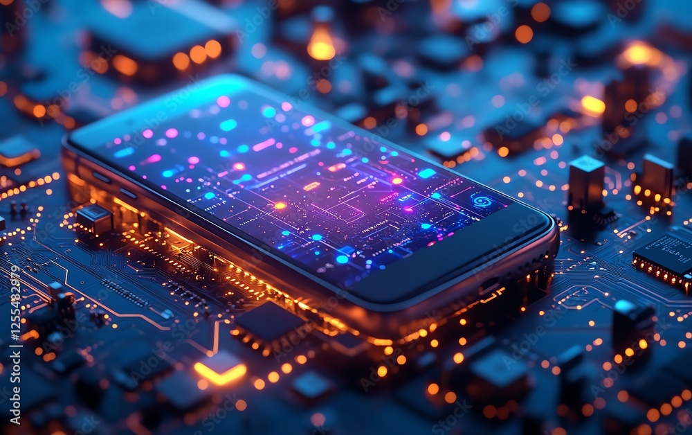 Poster a smartphone lying on a digital circuit board, displaying a modern mobile app uiux, glowing vibrant 
