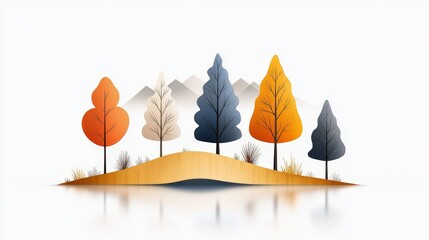 Abstract Illustration of Colorful Trees and Mountains in a Calm Landscape Scene