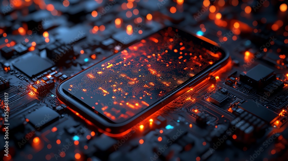 Aufkleber a smartphone on a circuit board with an interactive mobile app uiux interface displayed on screen, g