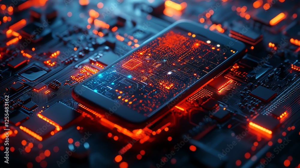 Aufkleber a smartphone on a circuit board with an interactive mobile app uiux interface displayed on screen, g
