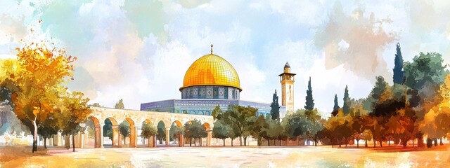 Fototapeta premium Autumnal View of the Dome of the Rock in Jerusalem: A Watercolor Painting of Iconic Landmark