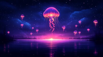 Fototapeta premium Glowing Jellyfish Swim Above a Calm Sunset Lake