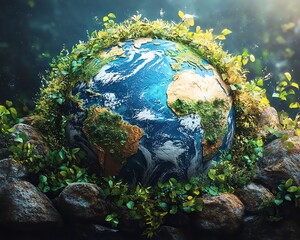 A vibrant digital artwork of Earth with green plants and rocks surrounding it