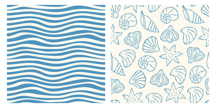 Set of seamless patterns with shells and waves. Trendy hand drawn minimal art background. Surface cover design. Fabric textile print.