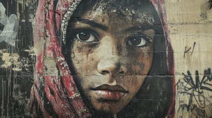 Graffiti art featuring the expressive portrait of a young girl in a headscarf