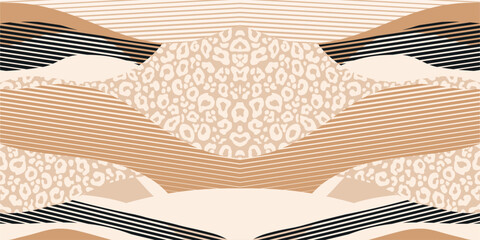 Abstract pattern with waves, leopard print and lines. Modern dynamic collage background. Beige and black color. Surface cover design. Fabric textile print. Contemporary vector background. Isolated ele