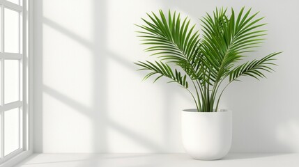 Green Palm Plant in White Pot Near Window with Sunlight Shadows