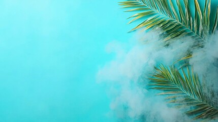 Obraz premium Green Palm Leaves and White Smoke on Blue Background