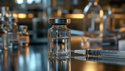 Closeup of a glass vial with a metal lid and syringe lying next to it, transparent liquid inside, medical equipment on a clean surface, highdetail, 8K resolution