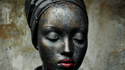 Artistic black mannequin with intricate texture and striking red lips against a rustic backdrop showcasing modern sculpture