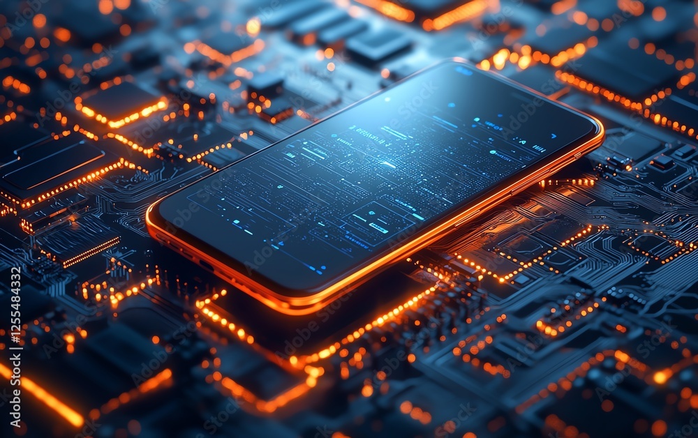 Fototapete closeup of a smartphone lying on a circuit board, showcasing a sleek mobile app uiux interface on th