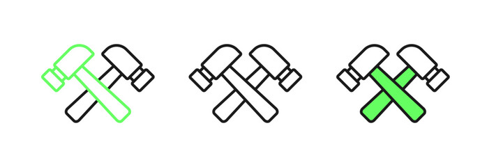 Set line Crossed hammer icon isolated on white background. Tool for repair. Vector