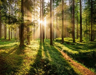 silent forest in spring with beautiful bright sun rays