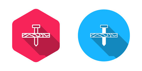 Filled and outline Metallic nail and wood plank icon isolated with long shadow background. Vector