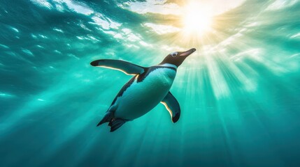 An enchanting underwater view of a penguin gliding gracefully, illuminated by warm sunlight filtering through the water, creating a mesmerizing scene of life.