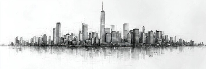 A Monochrome Sketch Depicts A Modern City Skyline