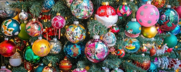 Festive christmas tree with colorful ornaments and decorations close-up