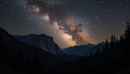 Fototapeta premium The stunning Milky Way stretches across the sky above a silhouetted mountain forest.