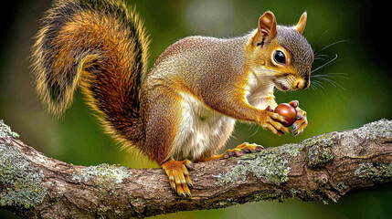 Obraz premium Squirrel Holding Acorn on Tree Branch in Lush Green Forest with Soft Background Blur