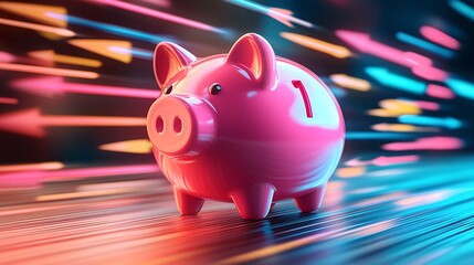 A vibrant pink piggy bank moves swiftly, symbolizing saving and financial growth amidst colorful, dynamic arrows.