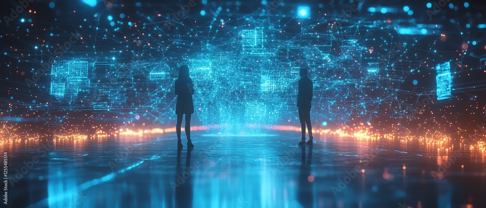 Poster tiny professional figures analyzing a vast digital network, glowing blue interconnected lines symbol
