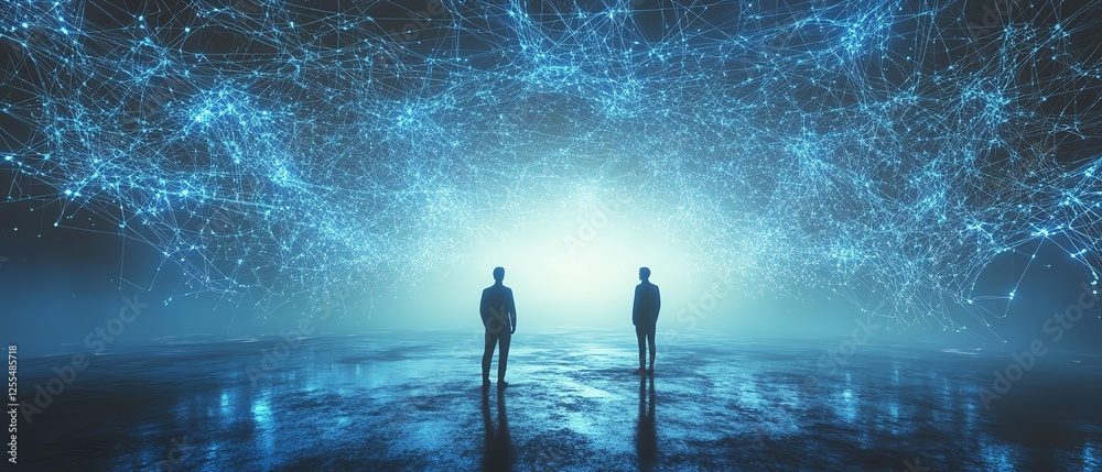 Poster tiny professional figures analyzing a vast digital network, glowing blue interconnected lines symbol