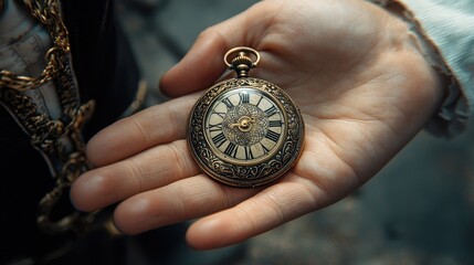 Antique pocket watch held in a dusty hand, ornate gold casing, detailed dial, aged and weathered appearance, dramatic lighting, highlighting the texture and detail of the watch and hand.