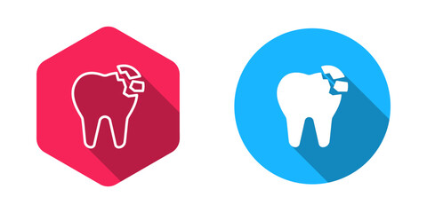 Filled and outline Broken tooth icon isolated with long shadow background. Dental problem icon. Dental care symbol. Vector