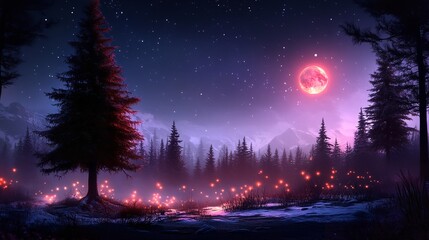 Fototapeta premium Vibrant night landscape with purple moon and glowing forest under starry sky