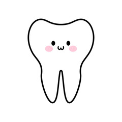 Cute adorable white kawaii outline tooth isolated on white background 
