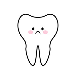 Sad cute snow white kawaii characters tooth in flat outline design. Happy kawaii teeth with pink cheeks