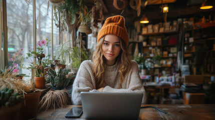 Young woman working on a laptop in a cozy cafe filled with plants. An atmosphere of comfort and focus.