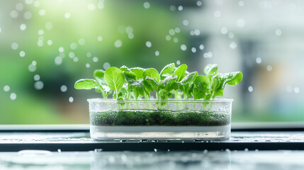 Young seedlings on a windowsill with raindrops outside. A symbol of growth, hope, and natural harmony.