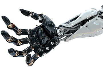 Digital robotic hand illustrating a classic rock and roll pose isolated on transparent background