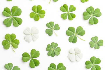 Various shades of green and white clover leaves arranged on a light background