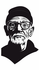 Black and white illustration of an elderly man. Pensioner. Grandfather.