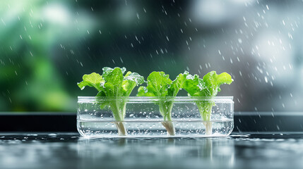 Young lettuce seedlings growing in a clear water container against a rainy window — a symbol of eco-friendly indoor farming.