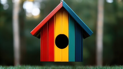 A whimsically painted birdhouse in vibrant hues dangles amidst a serene natural backdrop, evoking a sense of joy, creativity, and connection with nature and its wildlife.