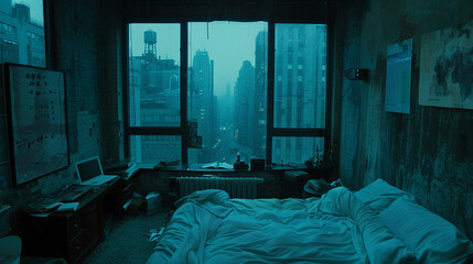 A gloomy bedroom outside the window, 