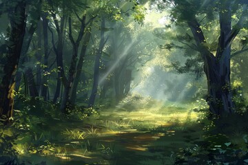 Obraz premium Sunlight Filters Through Trees in a Tranquil Forest, Creating a Peaceful Atmosphere in the Lush Green Landscape During Early Morning Hours