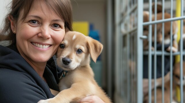 Smiling Caucasian woman adopting an adorable mixed-breed puppy at an animal shelter. Heartwarming moment for pet adoption campaigns, humane society promotions, and responsible pet ownership awareness