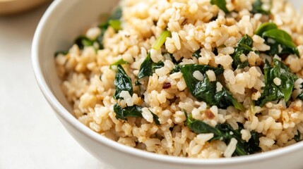 Close-up of a bowl of brown rice with saut&eacute;ed spinach and garlic on a minimalist white plate. Ideal for health-conscious recipes and blogs.