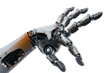 Modern robotic hand making a playful rock and roll gesture isolated on transparent background