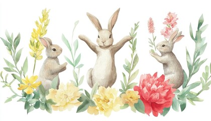 Obraz premium Playful rabbits amidst vibrant flowers in a whimsical garden setting