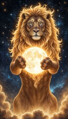 Fototapeta premium Majestic lion, powerfully holding a luminous full moon to its chest, set against a backdrop of a starry night sky and ethereal clouds. The lion's expression is one of serene strength and guardianship.
