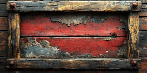 Rustic Weathered Wooden Frame with Red Paint, Grunge Texture Background