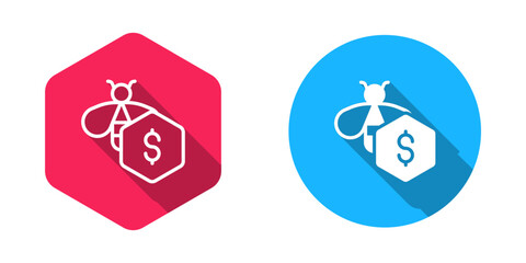 Filled and outline Sale of bees icon isolated with long shadow background. Sweet natural food. Honeybee or apis with wings symbol. Flying insect. Vector