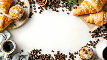 Coffee Beans, Croissants, and Muffins on White Background for Breakfast
